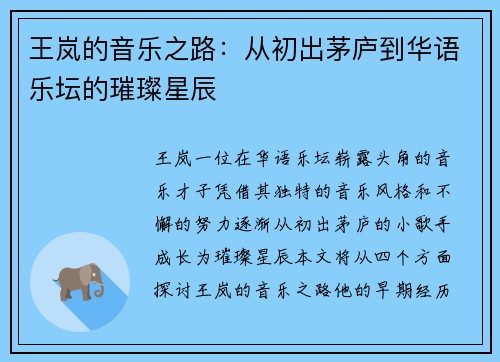 王岚的音乐之路：从初出茅庐到华语乐坛的璀璨星辰